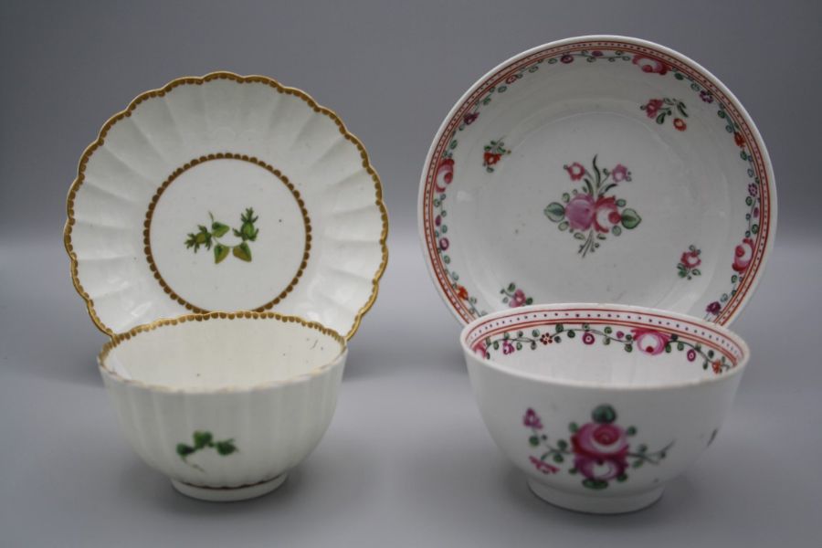 Manner of James Giles, an 18th century Worcester tea bowl and saucer of lobed and reeded form,