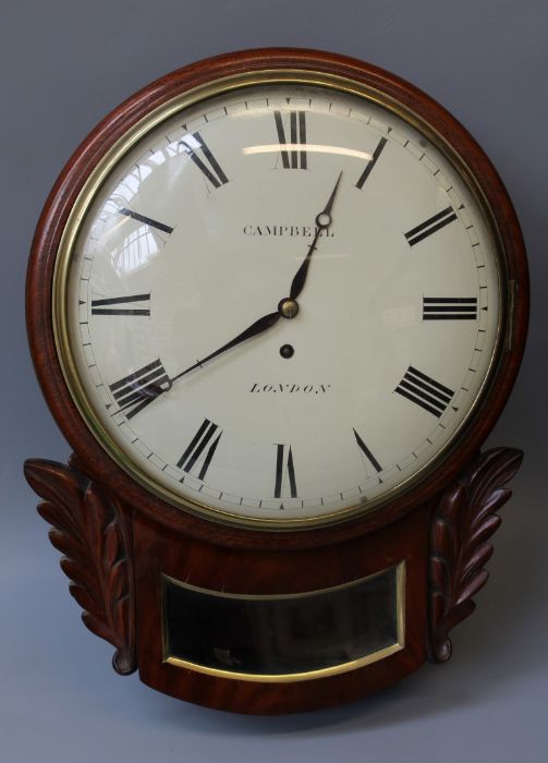 Campbell London fusee drop dial wall clock. Eight day fusee movement with shaped pillars, 12''