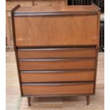 1970s teak bureau with drop down writing slope above four drawers