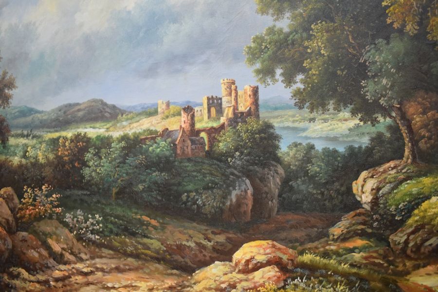 A 20th Century Italian School oil on canvas, of an Italian Castle country scene, in large gilt - Image 2 of 3