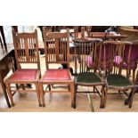 Three matching Arts & Crafts dining chairs along with spindle back Arts & Crafts chairs