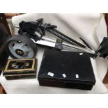 Two steel money boxes with keys together with a golf bag trolley and a camera stand (4)