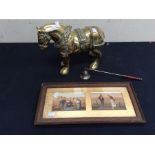 A large brass mid 20th Century carthorse, along with a print and candle snuffer