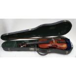 A violin, unlabelled, one piece back, length of back approx 13 1/16" (3/4 size) in case, with bow