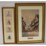 C J Keats, watercolour of 'Butcher's Row Coventry, 48 x 30cm, framed and glazed along with a set