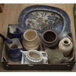 19/20th Century water jugs, teapot, blue and white meat plate, Italian pair of terracotta water jug