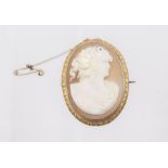 A Victorian shell cameo brooch, carved with a side portrait of a female with flowers to hair, approx