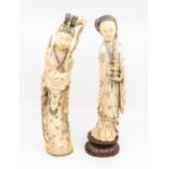Two late 19th Century Japanese carved and inlaid ivory figure of Geisha, one mounted and fixed on