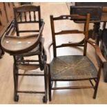 A Victorina/Edwardian children's mephomortic high chair/rocking chair, along with Victorian ladder