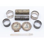 A collection of silver to include: casket shaped dressing table box; Imported large paper clip, four