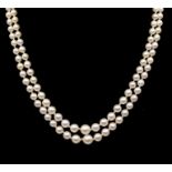 A Lotus cultured pearl double strand necklace with diamond set 9ct white gold clasp, graduated