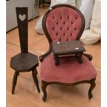 A Victorian-style parlour chair, a Welsh parlour chair and a small stool