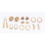 A collection of 9ct gold earrings to include large knot earrings, smaller rose gold knot studs,