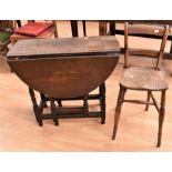 Small early 18th century drop leaf oak gate leg table along with small oak 19th century chair