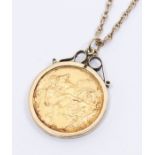 An Edward VII sovereign , dated 1908, mounted as a pendant, on a fancy link chain, length approx