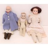 Dolls: A pair of bisque head dolls, kid bodies, fixed eyes, open mouths. Fingers have sustained
