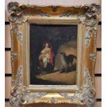 Continental School, 19th Century, oil on board of Red Riding Hood and the Wolf, 23 x 17cm, in