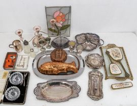A collection of plate to include: serving dishes, glass butter dish on stand; pair of cased glass