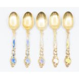 A set of five TH Marthinsen Norwegian silver gilt silver and enamelled spoons, stamped, 43.4