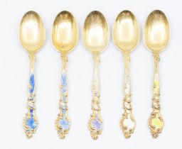 A set of five TH Marthinsen Norwegian silver gilt silver and enamelled spoons, stamped, 43.4