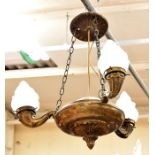 An Art Nouveau brass and glass lamp, with 3 flame shades. Condition: Was fully working before