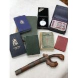 A mid 20th Century Cuss & Co boxed stopwatch, Eastern dagger, Patience game and books, etc (Q)