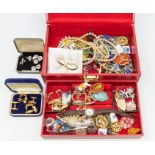 A box of costume jewellery to include 9ct gold  items comprising both brooch and pendant coin