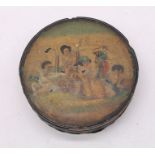 A 19th Century papier mache snuff box painted with children and a bear (AF)