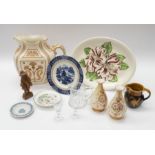 A collection of Crown Devon china wares along with Burslem blue and white, glass wares other
