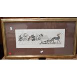Four framed prints including Country scenes tea cards and French humour along with art deco mirror.
