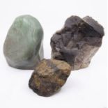 A tumbled boulder of green aventurine quartz, along with another rock possibly gold coloured flecks,
