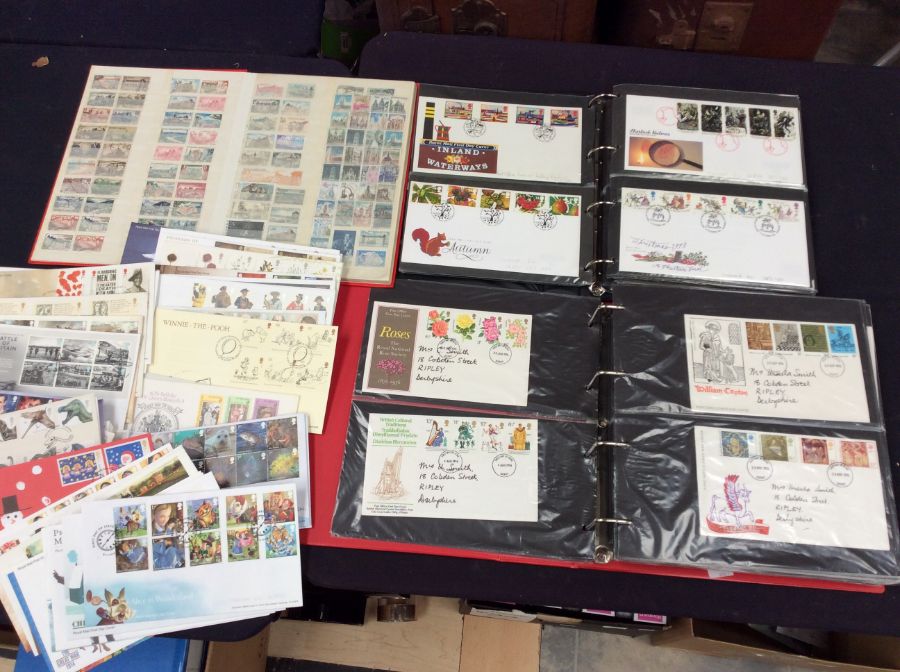 Approx 300 FDC (decimal GB) in two albums and loose, also a stock book with very small selection