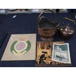 A Titanic magazine; Royal Engineers embroidery; chess set; copper kettle and coal scuttle (5)