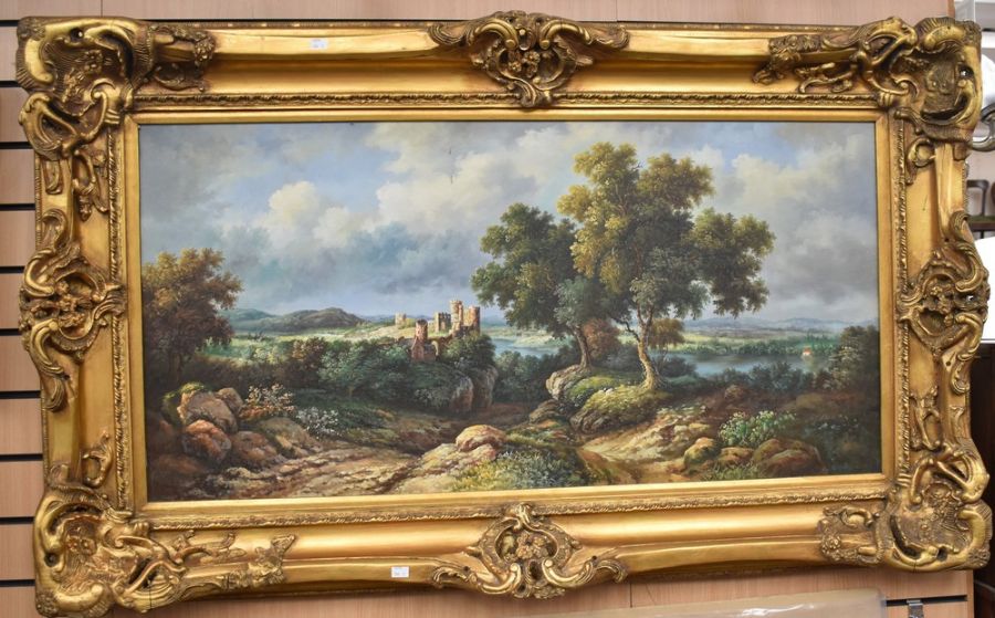 A 20th Century Italian School oil on canvas, of an Italian Castle country scene, in large gilt