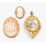 An 18ct gold and shell cameo pendant/brooch, gross weight approx 11.6gms; a silver and marcasite