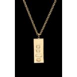 A 9ct gold ingot, Sheffield 1976, size 40 x 15 x 4mm, on a fancy link 9ct gold chain, length