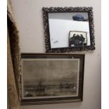 Cast iron framed wall mirror, 58 x 68cm,  along with coastal boating framed print, W. Meredith