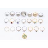 A collection of silver and silver gilt gem set rings set with various stones including diamond set