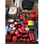 A collection of vintage Post Office pillar box money boxes, along with other vintage money boxes