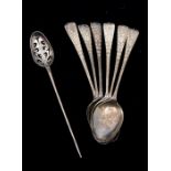 A George III silver mote spoon, the bowl pierced with scrolls, hallmarked London, maker's mark TS?