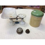 Vintage kitchen scales with weights, two mid 20th Century wall mirrors, print, trouser press,