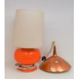 Vintage 1960's orange glass table lamp, with shade along with copper adjustable ceiling lamp,