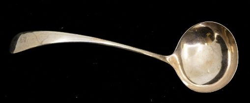 A George V silver Old English Pattern soup ladle, engraved with a crest, hallmarked by Round &
