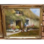 20th Century oil on board of 19th Century women feeding chickens in front of cottage, unsigned, 59 x