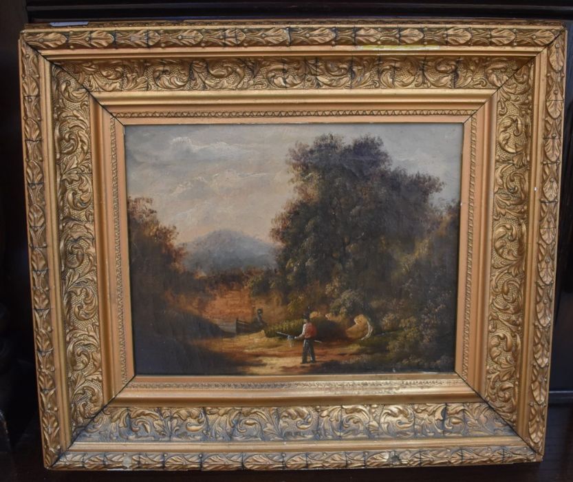 A late 19th Century oil on canvas, 16 x 22cm, of a country cottage scene, framed, along with two