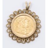 A George V sovereign, dated 1912, mounted in a fancy pendant surround, total gross weight approx