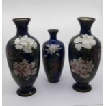 Three mid 20th Century blue ground Cloisonne vases