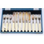 A cased EPNS and bone Victorian style set of six fish knives and forks