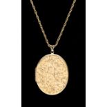 A 9ct gold oval large locket with scroll decoration, length approx 50 x 40mm, on a fancy link chain,
