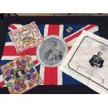 A collection of commemorative textiles of George V, together with a matchbox holder.